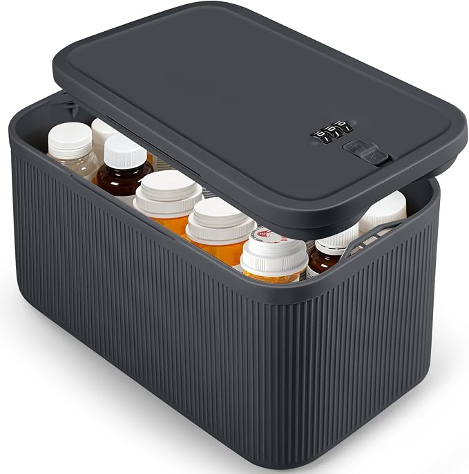 Medicine Lock Box with Code,Taller Size Small Lock Box with Combination Code for Medication Safe,Lock Box for Pills/First Aid Kits/Snack/Ipad Mini,Locked Container for Home/Office 9.4X5.5X5.7inch Gray