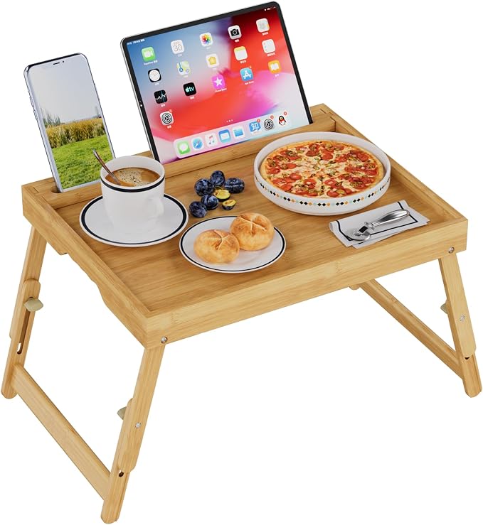 Artmeer Adjustable Bamboo Bed Tray Table with Device Slot, Large, Bamboo | Adjustable FSC-certified bamboo bed tray with device slot, folding legs and handles for meals, laptops and reading in bed.