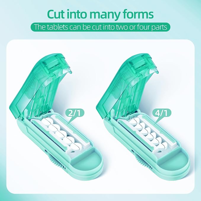 DUBSTAR Pill Cutter Splitter for Small and Tiny Pills, Multiple Pill Cutters for Small or Large Pills, Adjustable Pill Splitter with Centering Device and Blade Guard for Multi Tablets (Cyan)