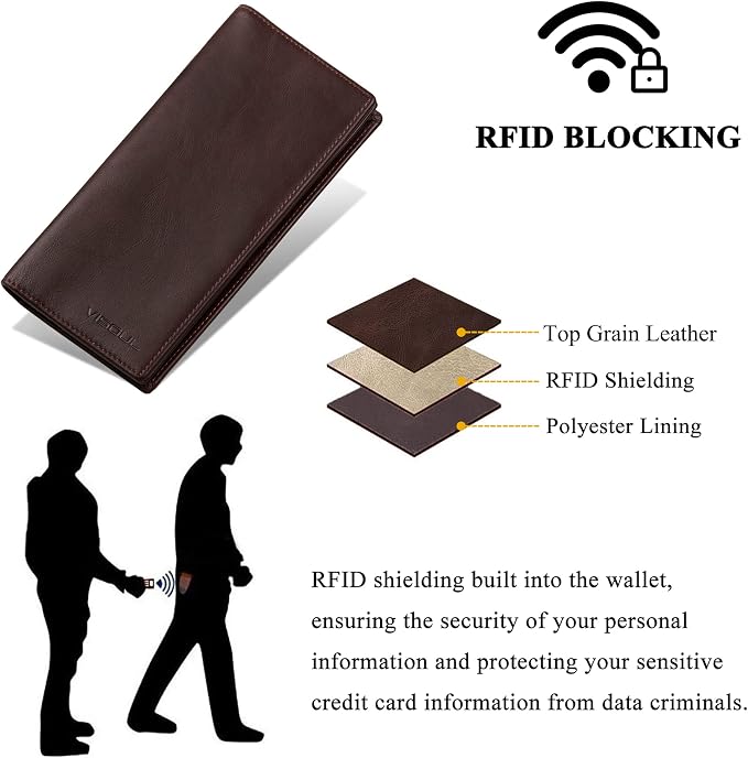 VISOUL Leather Checkbook Cover Wallet for Men with RFID Blocking, Mens Long Bifold Cash Tall Wallet with 11 Credit Card Slots 1 ID Window (Coffee)