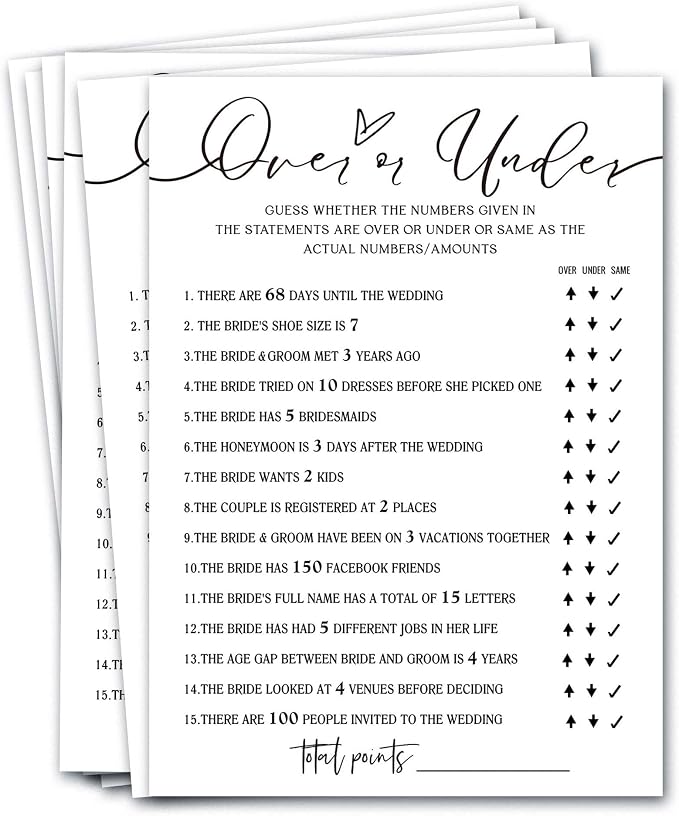 Wedding Shower Games Cards, Guess Over or Under, Bridal Shower Games 25 Guests, Engagement Party Wedding Games for Guests, Minimalist White Wedding Party Supplies - A13