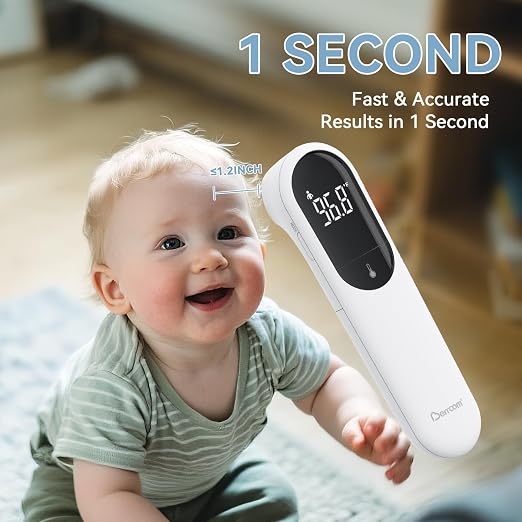 Berrcom Dual Probe No Touch Forehead Thermometer Fever Alarm All Ages | Fast reading digital thermometer with LED screen & fever alarm, no-touch dual probe design for all family members