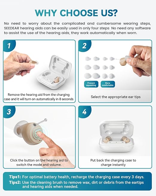 Hearing Aids for Seniors, Rechargeable OTC Hearing Aids with Noise Reduction, Providing Clear Sound Quality and Comfortable Wearing for Adults Hearing Loss, Invisible In-Ear Design (Light White)