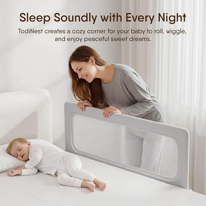 Bed Rail for Toddlers, 59 Inch Foldable Baby Guard | 59 in foldable toddler rail with reinforced anchors, no-gap mattress fit, double lock, washable fabric for King|Queen