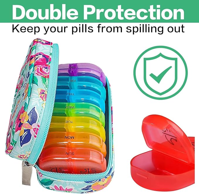 Serfeymi Weekly Travel Pill Organizer 2 Times A Day AM PM Upgraded Rainbow Pill Box 7 Day with Portable Zipper PU Leather Pill Case, Medicine Organizer for Pills, Vitamins, Fish Oils - Green-01