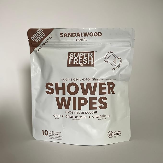 Super Fresh Shower Wipes Large Sandalwood Body Wipes for No Rinse Bathing Personal Hygiene Gym Travel or Camping Enriched with Aloe and Vitamin E 10 Individually Wrapped Disposable Sheets