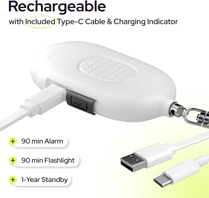 Rechargeable Personal Alarm Keychain, 130dB Siren, LED Light, White | Stylish Personal Safety Alert for Women to Carry, Panic Button Alarm for Security