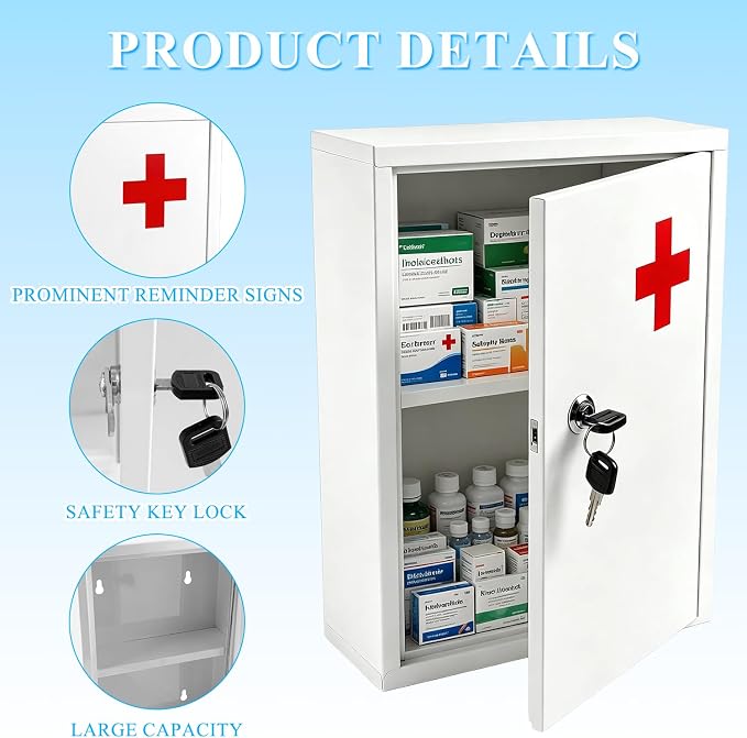 Wall Mount Locking Medicine Cabinet Box, 2-Tier Medicine Lock Box with Key | First Aid Cabinet Organizer, Secure Steel Locking Medical Storage for Home, School