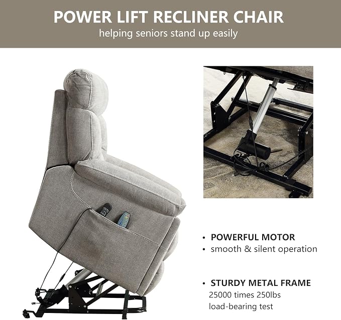 Dual Motor Power Lift Recliner Chair for Elderly, 27" Extra-Wide Seat 450 lbs Weight Capacity Infinite Position Adjustment, with Heated Massage, Cup Holders and USB Port, Grey Fabric