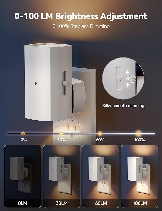 Brightown 2 Pack Black Night Lights with Rotating Plug, Soft White | Modern Night Light with Rotating Plug, Dusk to Dawn Sensor, 0-100LM Stepless Dimming Night Light for Hallway Bedroom Bathroom