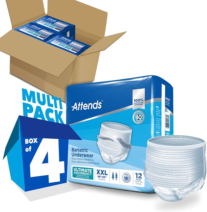 Attends Bariatric Adult Incontinence Underwear, 2X-Large (68–80”), [48 Count] – Ultimate Absorbency for Men and Women, Disposable Pull-On Diapers with Tear-Away Sides, AU50