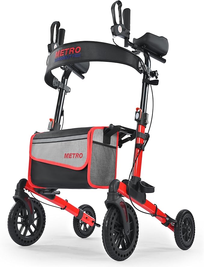 Metro Mobility Rollator Walker with Seat for Seniors, Foldable Lightweight Walkers for Seniors, 10" Big Front Shock-Absorbing Honeycomb Wheels for All Terrain, 300 lb. Weight Capacity, Red