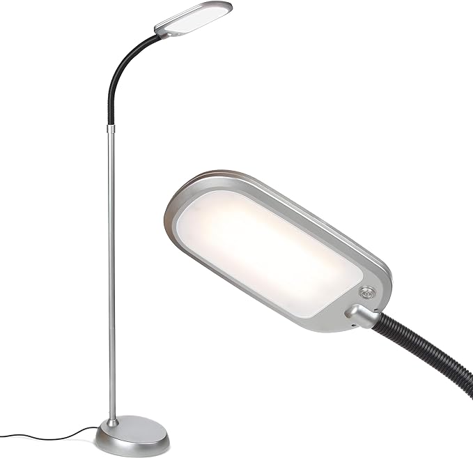 Brightech Litespan Slim LED Floor Reading Lamp with Adjustable Gooseneck for Living Rooms & Offices, Dimmable Standing Lamp for Bedroom - Silver