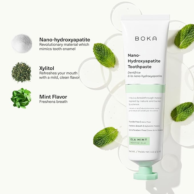 Boka Fluoride Free Toothpaste, Nano Hydroxyapatite Toothpaste, Appropriate for Sensitive Teeth - for Adult Oral Care - Ela Mint Flavor, 1.3 Fl Oz 2Pk