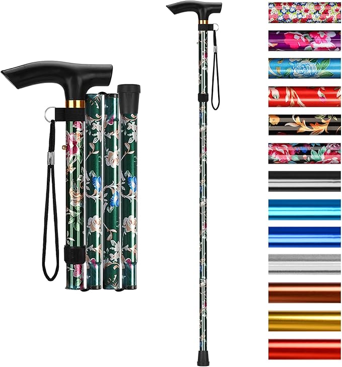 supregear Folding Cane, 5-Level Adjustable Height Walking Stick Lightweight Collapsible Portable Travel Cane with Wrist Strap and T Handle for Elderly Disabled Men Women