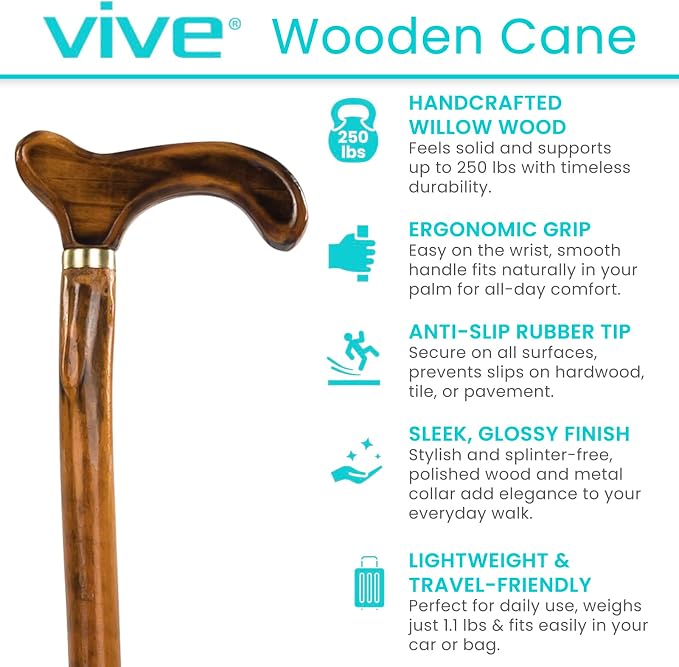 Vive Wooden Walking Stick Cane - for Men, Women, & Seniors - 36 Inch Single Point Rubber Tip with Willow Handle - Ergonomic Grip for Balance & Stability - Lightweight Elderly Assistance Product