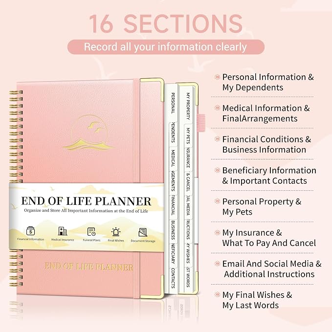 End of Life Planner, Estate Planning Organizer with Tabs for Senior, Spiral Funeral Planning Book with Large Font, Gold Corner Guards & Inner Pocket for Will Preparation, 7.36" x 10.4", RoseGold