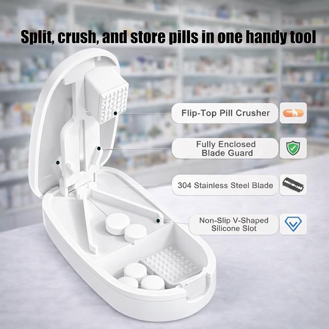Pill Cutter and Splitter for Small and Large Pills, Vitamin Tablet Press Crusher, Pocket Pill Organizer with Safety Blade Guard, Portable Divider for Travel Use – White