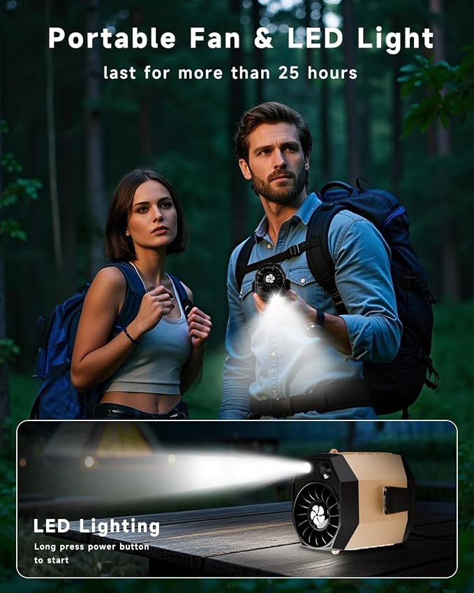 JKBOOM Portable Waist Fan, 9200RPM High Speed Wearable Fan, Mini Rechargeable Personal Fan for Jobsite & Outdoor, 25H Runtime, 25dB Quiet, Belt Fan with LED Flashlight for Men, Khaki