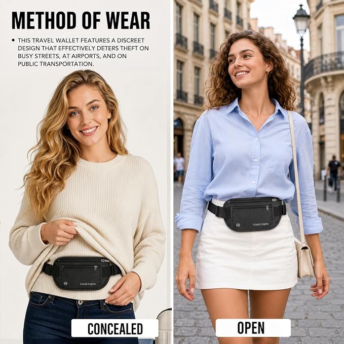travel inspira RFID Hidden Money Belt Slim Anti Theft Travel Wallet | Passport Holder for Travel Concealed under Clothes for Ultimate Protection of Credit Cards, Cash, Passport & Documents, Black