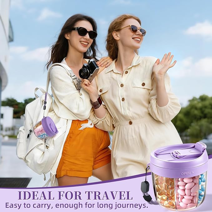 Pill Organizer,Travel Essentials Pill Container, Travel Pill Dispenser with Purple Lid，Pill Case Having 7 Large Compartments,Vitamin Organizer for Home Organization,Travel Containers