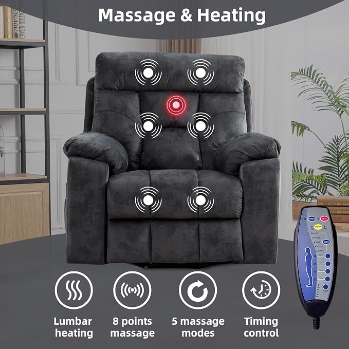 Large Power Lift Recliner Chair with Massage and Heat for Elderly Big and Tall People, Overstuffed Wide Recliners with 2 Cup Holders, Side Pocket and USB Port, Grey