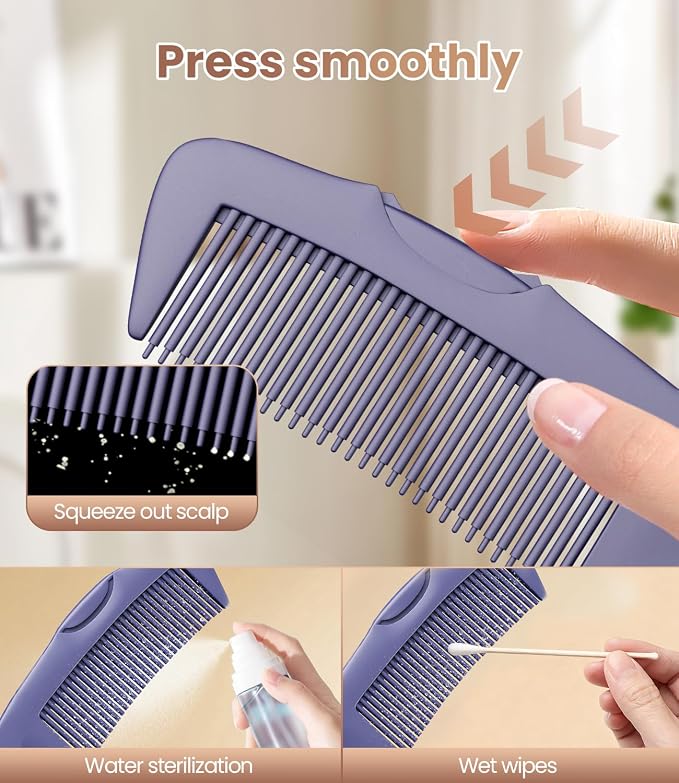 Dandruff Comb Removal 2PC Hollow Fine Tooth Scalp Detox Hair Care Tool | Upgraded Stainless Steel Teeth, with Gift Box, Build up Flake, Self Cleaning, Button-Release, for Women Men Kids, Purple