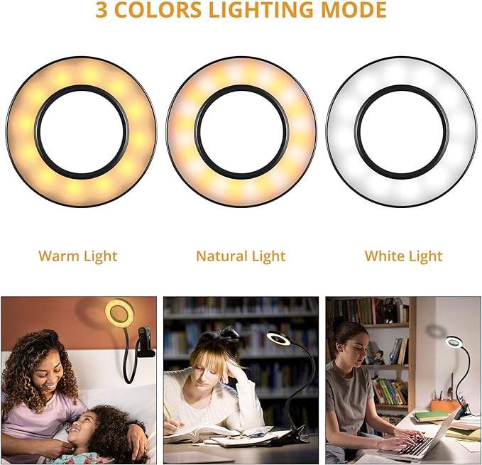 Woputne Desk Lamps Clip on Reading Light for Bed Home Office Craft (Black) | With 5V 2A Adapter, 10 Dimmable Brightness 3 Modes, Flexible Neck Light Desk Lamps for Home Office Headboard