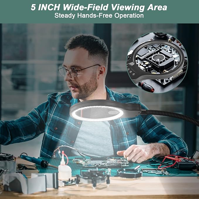 10X 30X Magnifying Glass with Light and Stand, 5" Large Floor Magnifier for Close Work, 5 Color Modes, Lighted Magnifying Lamp for Reading, Jewelers, Crafts, Sewing