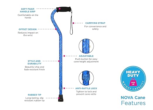 NOVA Heavy Duty Bariatric Walking Cane for Seniors, Men & Women – 500 lb Weight Capacity Offset Cane, Lightweight Adjustable Walking Stick with Soft Foam Grip, Wrist Strap & Non-Slip Tip