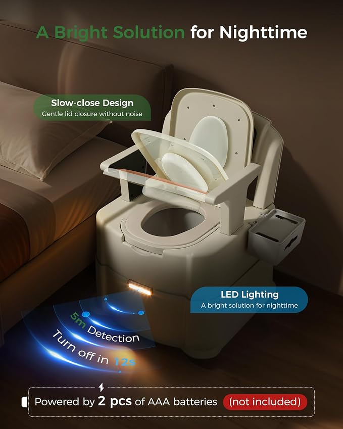 Bedside Commode, 500lbs Heavy Duty & Upgraded Commode Toilet Potty Chair, Portable Camping Toilet, Detachable Armrests, Automatic LED Light, 2-Level Height, 3 Rolls of Commode Liners 【Brown】