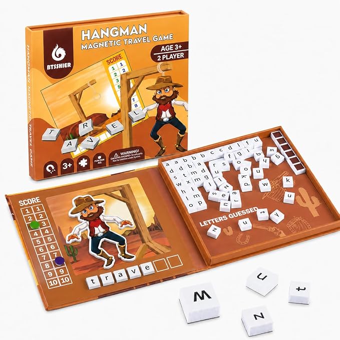 Magnetic Hangman Game for Kids Ages 4-10, Reusable Travel Word Game, Screen-Free Learning Toy for Road Trips, Airplane Activities and Car Rides