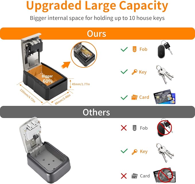 UPGRADE Extra Large Capacity Key Lock Box, Weatherproof Wall Mount Key Box for Car Keys, Fob, House Keys, Key Safe Security Storage Lock Box for Indoor, Outdoor, Garage, Garden, Store (1, Grey)