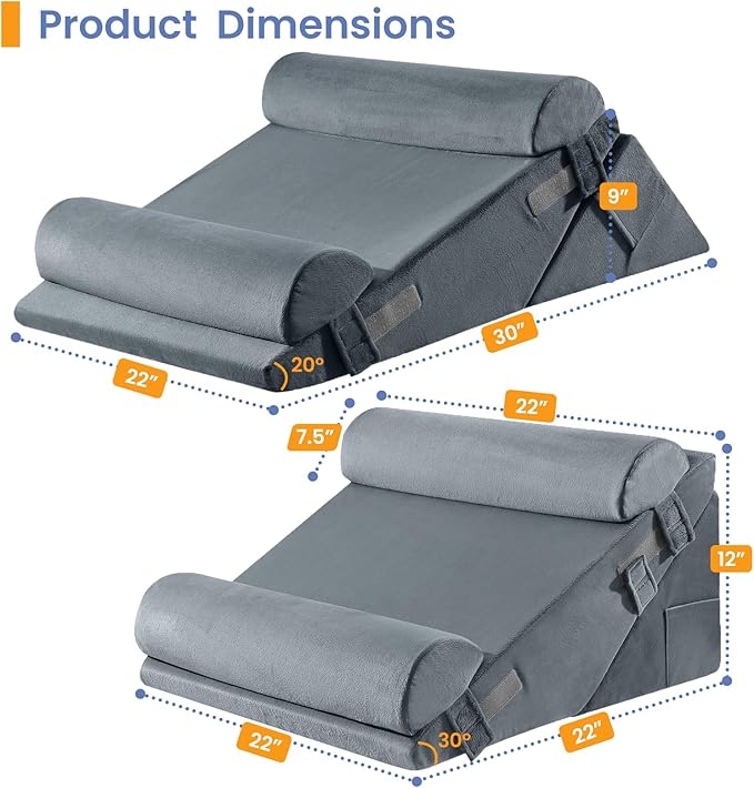 Sasttie Wedge Pillow Set for After Surgery, 3PCS Adjustable Bed Wedge Pillow Headboard with Memory Foam Neck Cushion – for Acid Reflux, Sleeping, Neck & Back Support, Velvet & Dark Grey