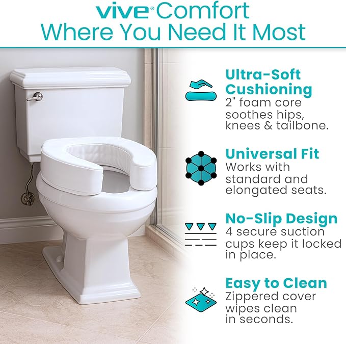 Vive Toilet Seat Cushion - Padded Soft Cushioned Foam - Fits All Toilets | Easy Clean Bathroom Attachment - Elongated, Standard Seats - Comfort & Support Donut for Handicap Adults