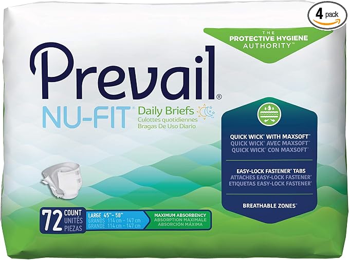 Prevail Nu-Fit Incontinence Briefs, Unisex Disposable Adult Diapers with Tabs for Men & Women, Maximum Absorbency, Large, 72 Count (4 Packs of 18)