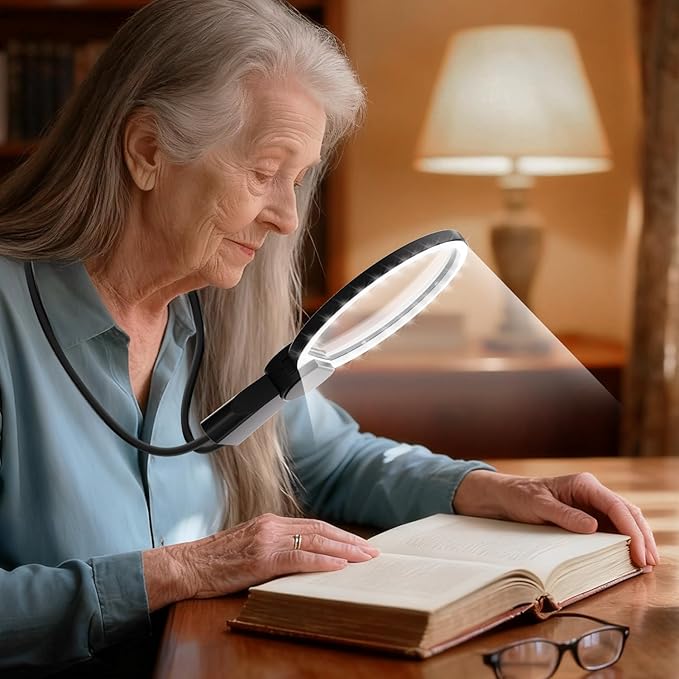 Magnifying Glass with Light Hands Free for Reading 5.5 Inch 5X, LED Light with 2 Modes, Flexible Neck-Worn Large Magnifie, Illuminated Magnifier for Seniors Inspection, Coins, Jewelry, Sewing