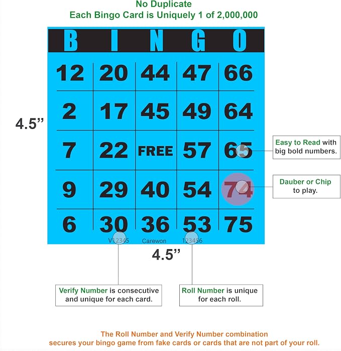 250 Bingo Cards, Large 4.5 x 4.5 Inch, Blue, Paper Bingo Sheets | 8 Color Options, Premium Cardstock, Disposable with Daubers or Reusable with Chips — Proudly Made in USA