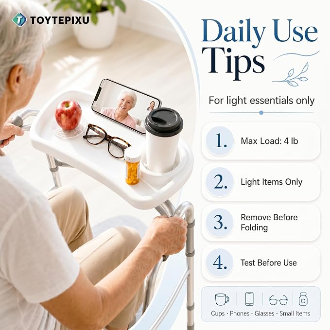 White Walker Caddy Tray for Folding Walkers | Compact Front Bar Organizer, Cup Holder & Phone Slot, Anti-Slip Pads, Fits 0.6-1.4 in Round Tubes, 4 lb max load