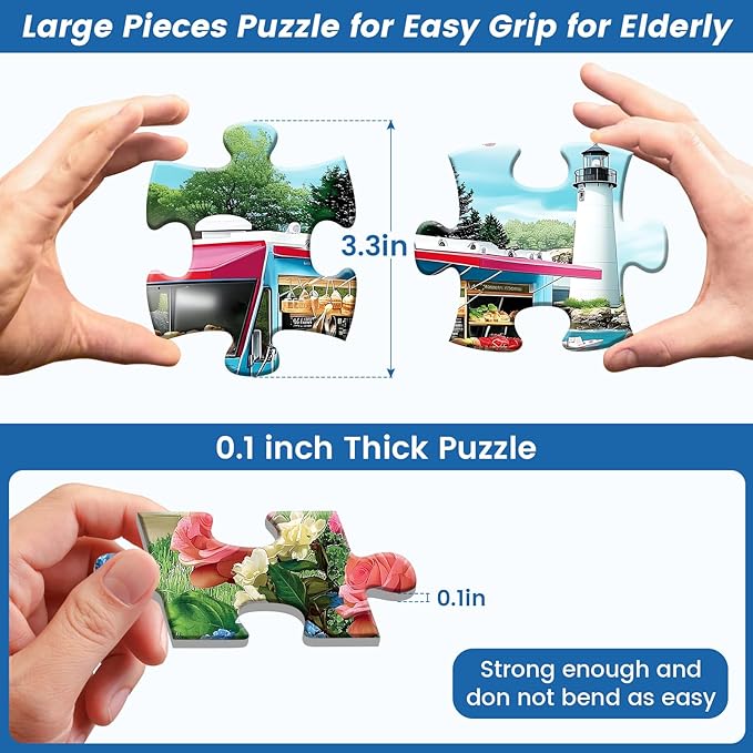 3 Pack 48 Large Piece Puzzle for Seniors Alzheimer’s Puzzles Dementia Alzheimer's Products Activities for Elderly Adults Mountains Village Sea Easy Jigsaw Puzzle Cognitive Games with 3 Storage Bags