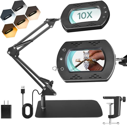10X Square Magnifying Glass with Light and Stand, 2-in-1 LED Lighted Desk Lamp & Clamp, 5 Color Modes Stepless Dimmable, Hands-Free Magnifier Desk Lamp for Reading Craft Close Work B01DL05