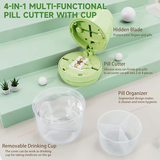 Pill Cutter with Water Cup, 1/4 Pill Splitter for Small and Large Pills Precision Quarter Cutter Splitter with Dispenser, 3-Compartment Storage | Stainless Steel Blade (Green)