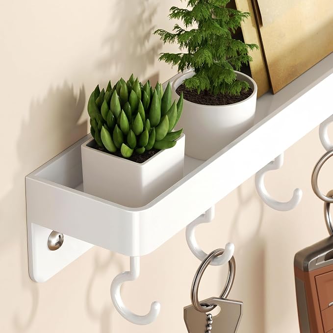 niffgaff White Key Holder Wall Mount, Stainless Steel Self Adhesive Hooks Rack with Shelf, No Drill Key Hanger for Door and Wall