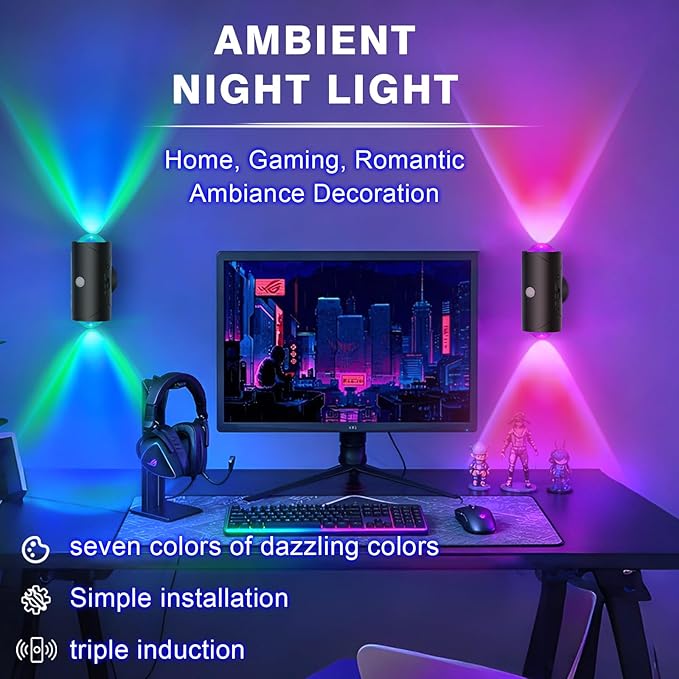 Rechargeable Motion Sensor Night Light, Magnetic RGB Wall Sconces 2 Pack | 7 Color Motion Sensor Light Indoor, 1500mAh LED Wireless Wall Sconces Battery Operated for Bedroom, Bathroom, Hallway, Stairs
