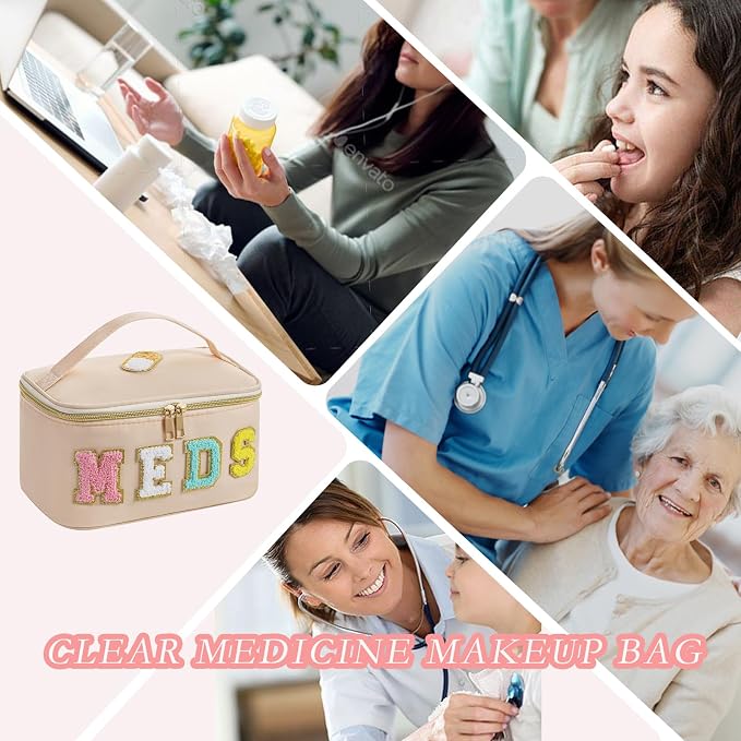 uekeboag Personalized Chenille Letter MEDS Makeup Bag, Portable Nylon Cosmetic Toiletry Storage bag with Top Handle, Transparent Meds Travel Organizer Cosmetic Bag(16Beige)