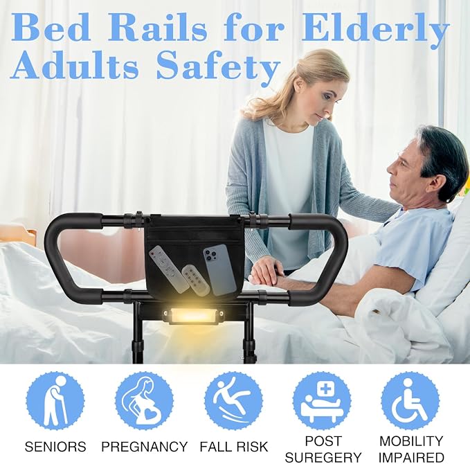 Bed Rails for Elderly Adults Safety: Adjustable Bedside Assist Rails with Storage Pockets, Non-Slip Handles, Items for Elderly Bed Rail, 400LB Gravity Capacity Black
