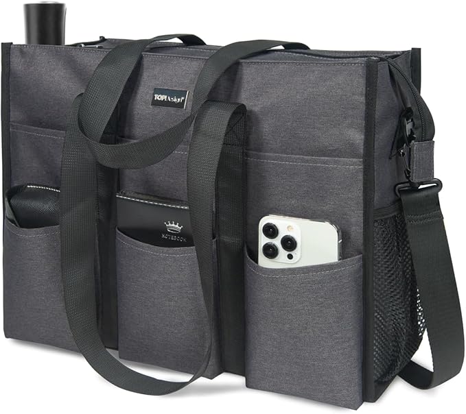 TOPDesign Utility Water Resistant Tote Bag with 22 Pockets, Top Zipper Closure & Thick Bottom Support, for Working Women
