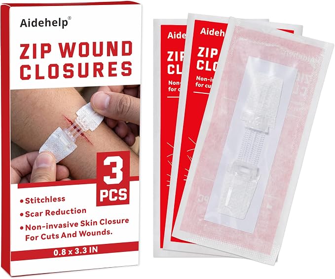 3 PCS Wound Closure Strips for Emergency Laceration & Wound Repair - Zipstitch Sutures - Painless Alternative to Stitches - Butterfly Bandages for Hiking, Camping, Survival & First Aid Kit Essential