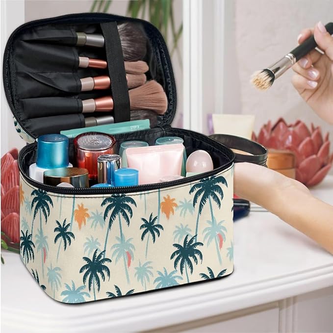 Palm Tree Pattern Travel Toiletry Bag Cosmetic Bag, Painting Colorful Island Palm Printed Zipper Makeup Pouch Organizer for Toiletries Essentials Accessories