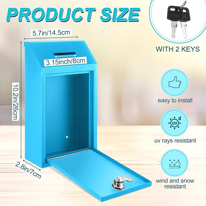 Yaocom Metal Money Box,Light Blue,10.24 x 5.71 x 2.95 Inch,No Lid | Wall Mounted Drop Donation Cash Box for Farm Stand Collection Safe Suggestion Box with Lock Container for Home Office Outdoor